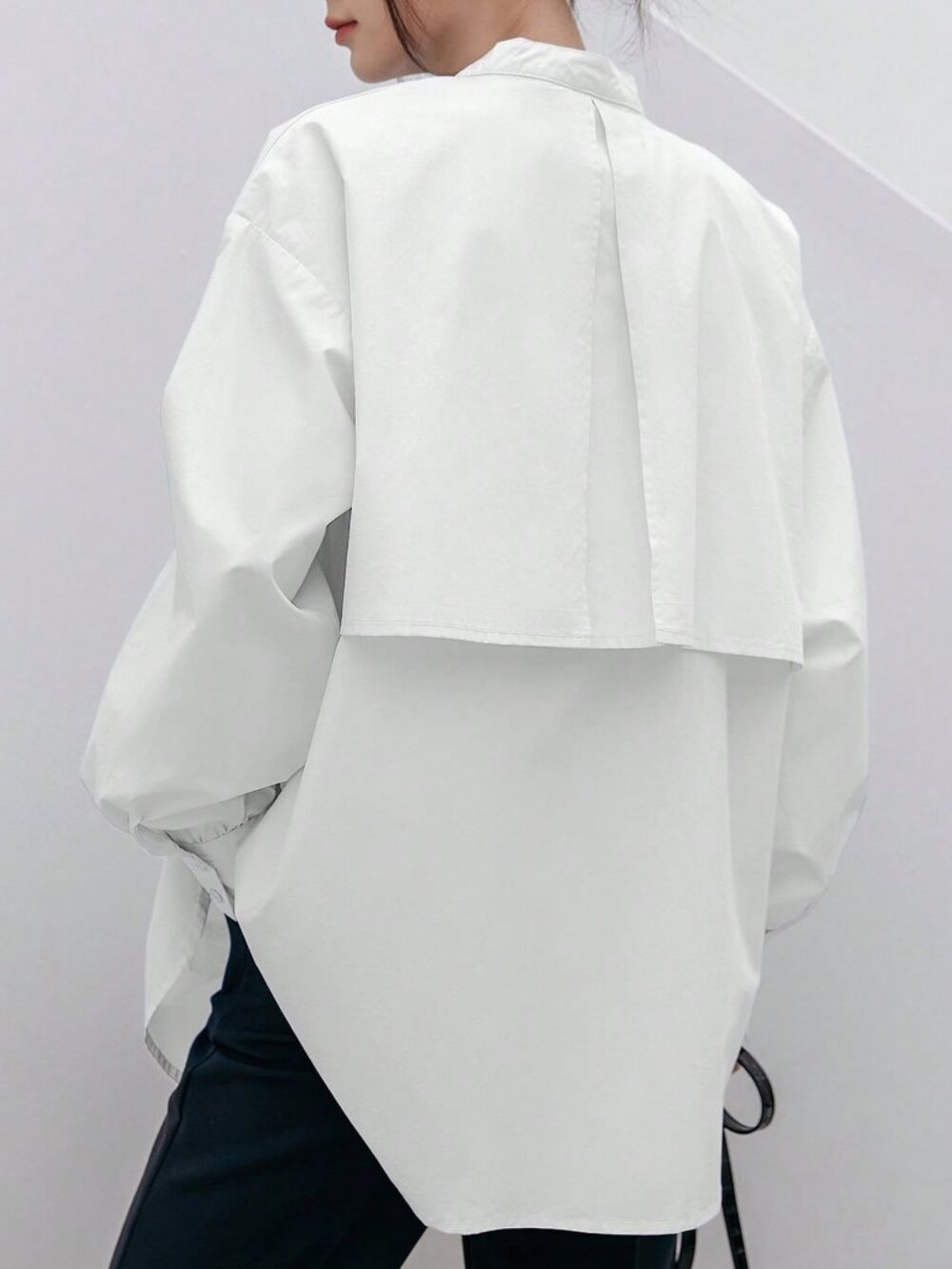 White Casual Oversized Drop Shoulder Button Stand Collar Long Sleeve Shirt - Picture 4 of 12